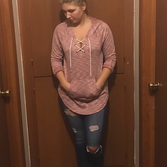 Hooded Lace Up Sweater - Picture 1 of 4